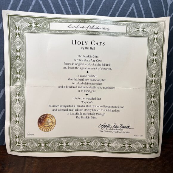 Bill Bell Holy Cats Collectors Plate 24k Rim Certificate of Authenticity and Box - Picture 2 of 8
